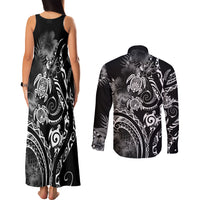 Aloha Hawaii Turtles Floral Couples Matching Tank Maxi Dress and Long Sleeve Button Shirt Obsidian Glaze