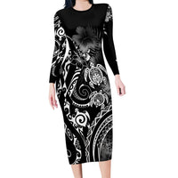 Aloha Hawaii Turtles Floral Family Matching Long Sleeve Bodycon Dress and Hawaiian Shirt Obsidian Glaze