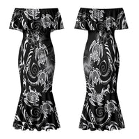 Aloha Hawaii Turtles Floral Family Matching Mermaid Dress and Hawaiian Shirt Obsidian Glaze LT7 Mom's Dress Black - Polynesian Pride
