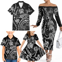 Aloha Hawaii Turtles Floral Family Matching Off The Shoulder Long Sleeve Dress and Hawaiian Shirt Obsidian Glaze LT7 - Polynesian Pride