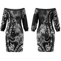 Aloha Hawaii Turtles Floral Family Matching Off The Shoulder Long Sleeve Dress and Hawaiian Shirt Obsidian Glaze LT7 Mom's Dress Black - Polynesian Pride