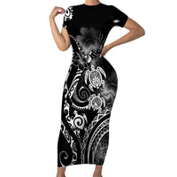 Aloha Hawaii Turtles Floral Family Matching Short Sleeve Bodycon Dress and Hawaiian Shirt Obsidian Glaze