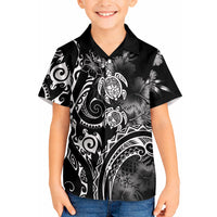 Aloha Hawaii Turtles Floral Kid Hawaiian Shirt Obsidian Glaze LT7 Kid Black - Polynesian Pride