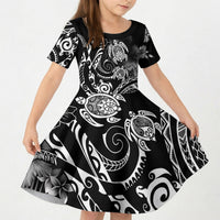 Aloha Hawaii Turtles Floral Kid Short Sleeve Dress Obsidian Glaze LT7 KID Black - Polynesian Pride