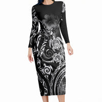 Aloha Hawaii Turtles Floral Long Sleeve Bodycon Dress Obsidian Glaze LT7 Long Dress Black - Polynesian Pride