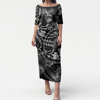 Aloha Hawaii Turtles Floral Puletasi Obsidian Glaze LT7 Long Dress Black - Polynesian Pride