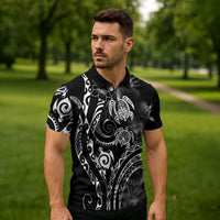 Aloha Hawaii Turtles Floral Zipper Polo Shirt Obsidian Glaze LT7 - Polynesian Pride