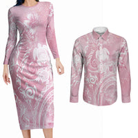 Aloha Hawaii Turtles Floral Couples Matching Long Sleeve Bodycon Dress and Long Sleeve Button Shirt Pink Marbles Glaze LT7 Pink - Polynesian Pride