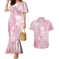 Aloha Hawaii Turtles Floral Couples Matching Mermaid Dress and Hawaiian Shirt Pink Marbles Glaze