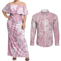 Aloha Hawaii Turtles Floral Couples Matching Off Shoulder Maxi Dress and Long Sleeve Button Shirt Pink Marbles Glaze LT7 Pink - Polynesian Pride