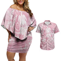 Aloha Hawaii Turtles Floral Couples Matching Off Shoulder Short Dress and Hawaiian Shirt Pink Marbles Glaze LT7 Pink - Polynesian Pride
