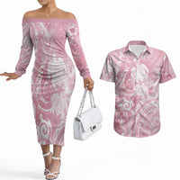 Aloha Hawaii Turtles Floral Couples Matching Off The Shoulder Long Sleeve Dress and Hawaiian Shirt Pink Marbles Glaze LT7 Pink - Polynesian Pride