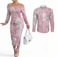 Aloha Hawaii Turtles Floral Couples Matching Off The Shoulder Long Sleeve Dress and Long Sleeve Button Shirt Pink Marbles Glaze LT7 Pink - Polynesian Pride