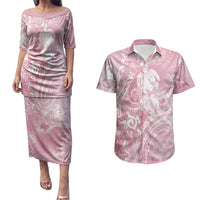 Aloha Hawaii Turtles Floral Couples Matching Puletasi and Hawaiian Shirt Pink Marbles Glaze LT7 Pink - Polynesian Pride