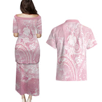 Aloha Hawaii Turtles Floral Couples Matching Puletasi and Hawaiian Shirt Pink Marbles Glaze LT7 - Polynesian Pride