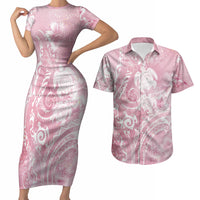 Aloha Hawaii Turtles Floral Couples Matching Short Sleeve Bodycon Dress and Hawaiian Shirt Pink Marbles Glaze LT7 Pink - Polynesian Pride