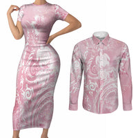 Aloha Hawaii Turtles Floral Couples Matching Short Sleeve Bodycon Dress and Long Sleeve Button Shirt Pink Marbles Glaze LT7 Pink - Polynesian Pride