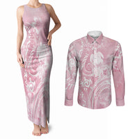Aloha Hawaii Turtles Floral Couples Matching Tank Maxi Dress and Long Sleeve Button Shirt Pink Marbles Glaze LT7 Pink - Polynesian Pride