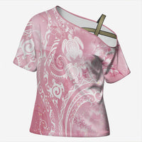 Aloha Hawaii Turtles Floral Cross Shoulder Shirt Pink Marbles Glaze