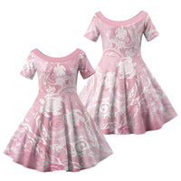 Aloha Hawaii Turtles Floral Family Matching Off The Shoulder Long Sleeve Dress and Hawaiian Shirt Pink Marbles Glaze LT7 Daughter's Dress Pink - Polynesian Pride