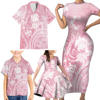 Aloha Hawaii Turtles Floral Family Matching Short Sleeve Bodycon Dress and Hawaiian Shirt Pink Marbles Glaze