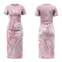 Aloha Hawaii Turtles Floral Family Matching Short Sleeve Bodycon Dress and Hawaiian Shirt Pink Marbles Glaze LT7 Mom's Dress Pink - Polynesian Pride