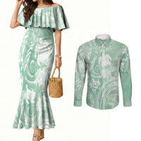 Aloha Hawaii Turtles Floral Couples Matching Mermaid Dress and Long Sleeve Button Shirt Seafoam Marbles Glaze LT7 Seafoam - Polynesian Pride
