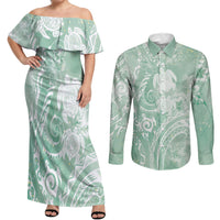Aloha Hawaii Turtles Floral Couples Matching Off Shoulder Maxi Dress and Long Sleeve Button Shirt Seafoam Marbles Glaze LT7 Seafoam - Polynesian Pride