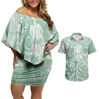Aloha Hawaii Turtles Floral Couples Matching Off Shoulder Short Dress and Hawaiian Shirt Seafoam Marbles Glaze LT7 Seafoam - Polynesian Pride