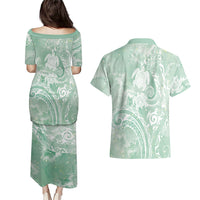 Aloha Hawaii Turtles Floral Couples Matching Puletasi and Hawaiian Shirt Seafoam Marbles Glaze LT7 - Polynesian Pride