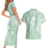 Aloha Hawaii Turtles Floral Couples Matching Short Sleeve Bodycon Dress and Hawaiian Shirt Seafoam Marbles Glaze