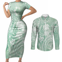 Aloha Hawaii Turtles Floral Couples Matching Short Sleeve Bodycon Dress and Long Sleeve Button Shirt Seafoam Marbles Glaze LT7 Seafoam - Polynesian Pride