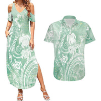 Aloha Hawaii Turtles Floral Couples Matching Summer Maxi Dress and Hawaiian Shirt Seafoam Marbles Glaze