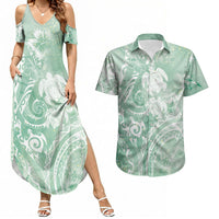 Aloha Hawaii Turtles Floral Couples Matching Summer Maxi Dress and Hawaiian Shirt Seafoam Marbles Glaze LT7 Seafoam - Polynesian Pride