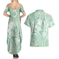 Aloha Hawaii Turtles Floral Couples Matching Summer Maxi Dress and Hawaiian Shirt Seafoam Marbles Glaze