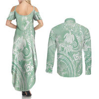 Aloha Hawaii Turtles Floral Couples Matching Summer Maxi Dress and Long Sleeve Button Shirt Seafoam Marbles Glaze LT7 - Polynesian Pride