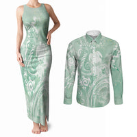 Aloha Hawaii Turtles Floral Couples Matching Tank Maxi Dress and Long Sleeve Button Shirt Seafoam Marbles Glaze LT7 Seafoam - Polynesian Pride