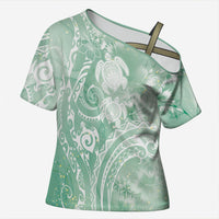 Aloha Hawaii Turtles Floral Cross Shoulder Shirt Seafoam Marbles Glaze