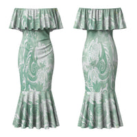Aloha Hawaii Turtles Floral Family Matching Mermaid Dress and Hawaiian Shirt Seafoam Marbles Glaze LT7 Mom's Dress Seafoam - Polynesian Pride