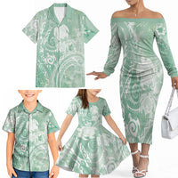 Aloha Hawaii Turtles Floral Family Matching Off The Shoulder Long Sleeve Dress and Hawaiian Shirt Seafoam Marbles Glaze LT7 - Polynesian Pride
