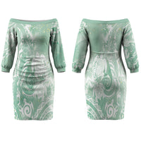 Aloha Hawaii Turtles Floral Family Matching Off The Shoulder Long Sleeve Dress and Hawaiian Shirt Seafoam Marbles Glaze LT7 Mom's Dress Seafoam - Polynesian Pride