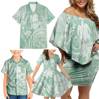 Aloha Hawaii Turtles Floral Family Matching Off Shoulder Short Dress and Hawaiian Shirt Seafoam Marbles Glaze LT7 - Polynesian Pride