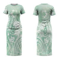 Aloha Hawaii Turtles Floral Family Matching Short Sleeve Bodycon Dress and Hawaiian Shirt Seafoam Marbles Glaze LT7 Mom's Dress Seafoam - Polynesian Pride