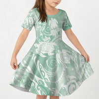 Aloha Hawaii Turtles Floral Kid Short Sleeve Dress Seafoam Marbles Glaze LT7 KID Seafoam - Polynesian Pride