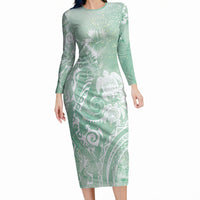 Aloha Hawaii Turtles Floral Long Sleeve Bodycon Dress Seafoam Marbles Glaze LT7 Long Dress Seafoam - Polynesian Pride