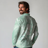 Aloha Hawaii Turtles Floral Long Sleeve Polo Shirt Seafoam Marbles Glaze