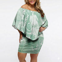 Aloha Hawaii Turtles Floral Off Shoulder Short Dress Seafoam Marbles Glaze LT7 Women Seafoam - Polynesian Pride