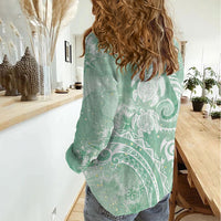 Aloha Hawaii Turtles Floral Women Casual Shirt Seafoam Marbles Glaze