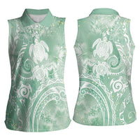 Aloha Hawaii Turtles Floral Women Sleeveless Polo Shirt Seafoam Marbles Glaze