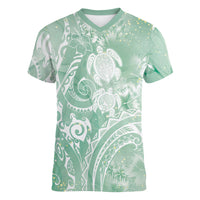 Aloha Hawaii Turtles Floral Women V-Neck T-Shirt Seafoam Marbles Glaze